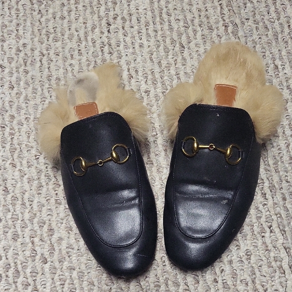 Gucci Shoes - Gucci Black Leather Mules with Gold Hardware and Fur Trim